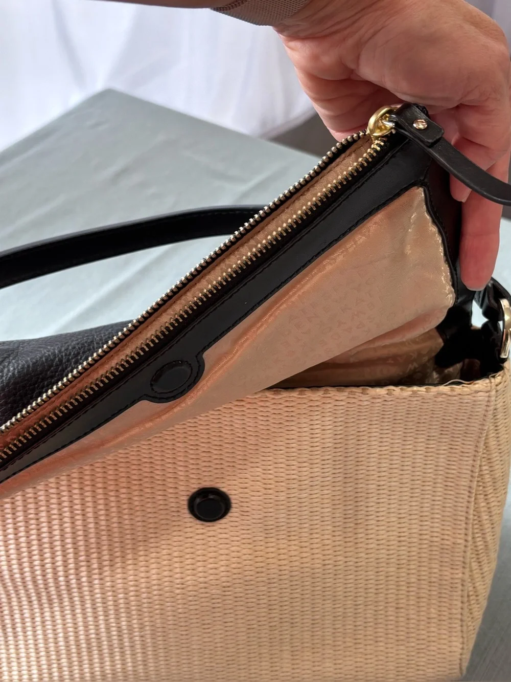 kate spade Black and Cream Woven Satchel Shoulder Bag with Leather Flap Strap